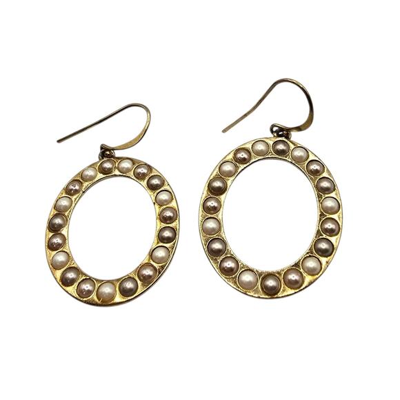 Signed AV Earrings Gold Tone Oval Hoop Drop Faux Pearl Beaded Dangle Women Hooks - Picture 1 of 6
